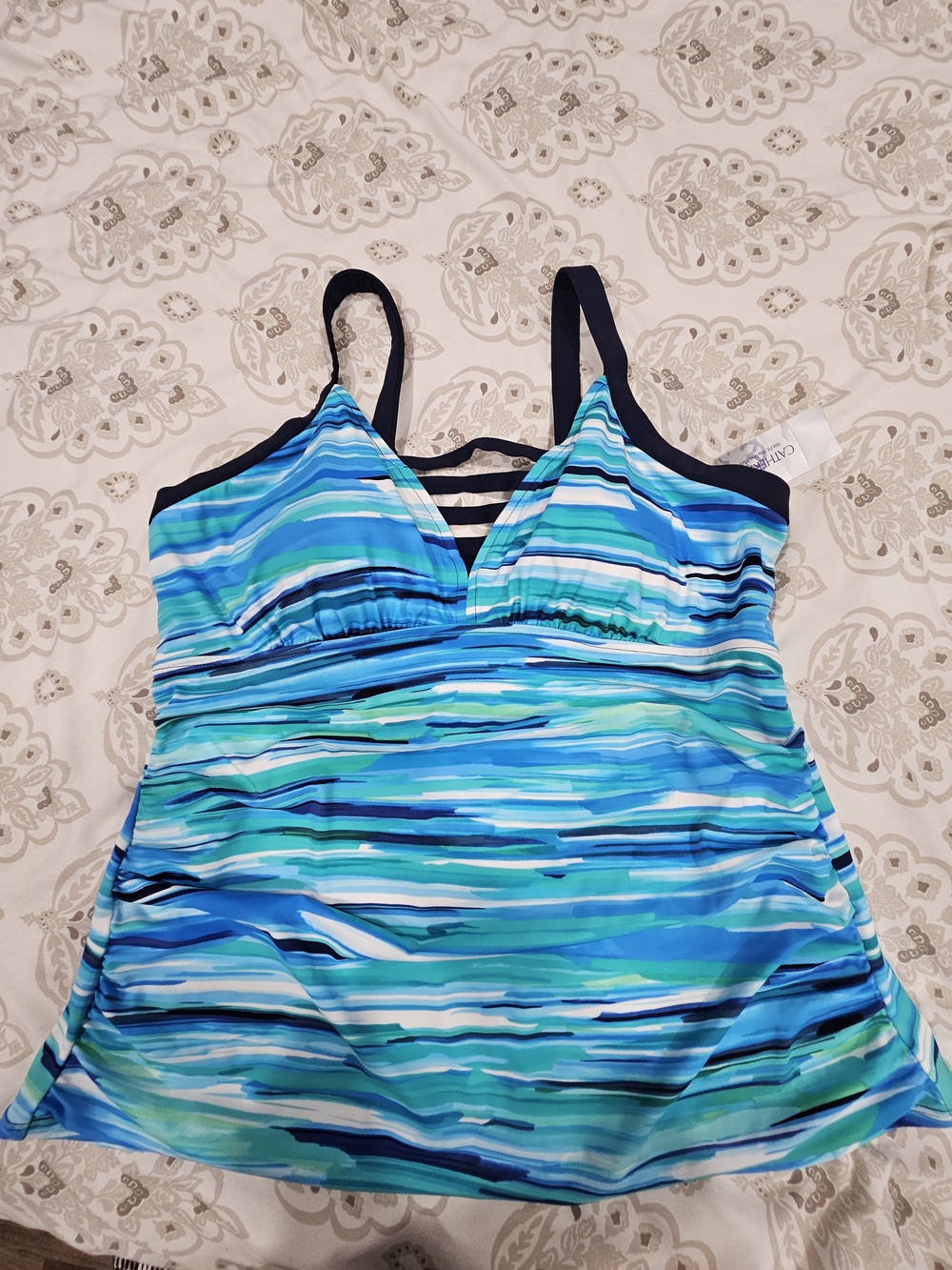 Catherines Blue Green Striped Swim Tankini Top